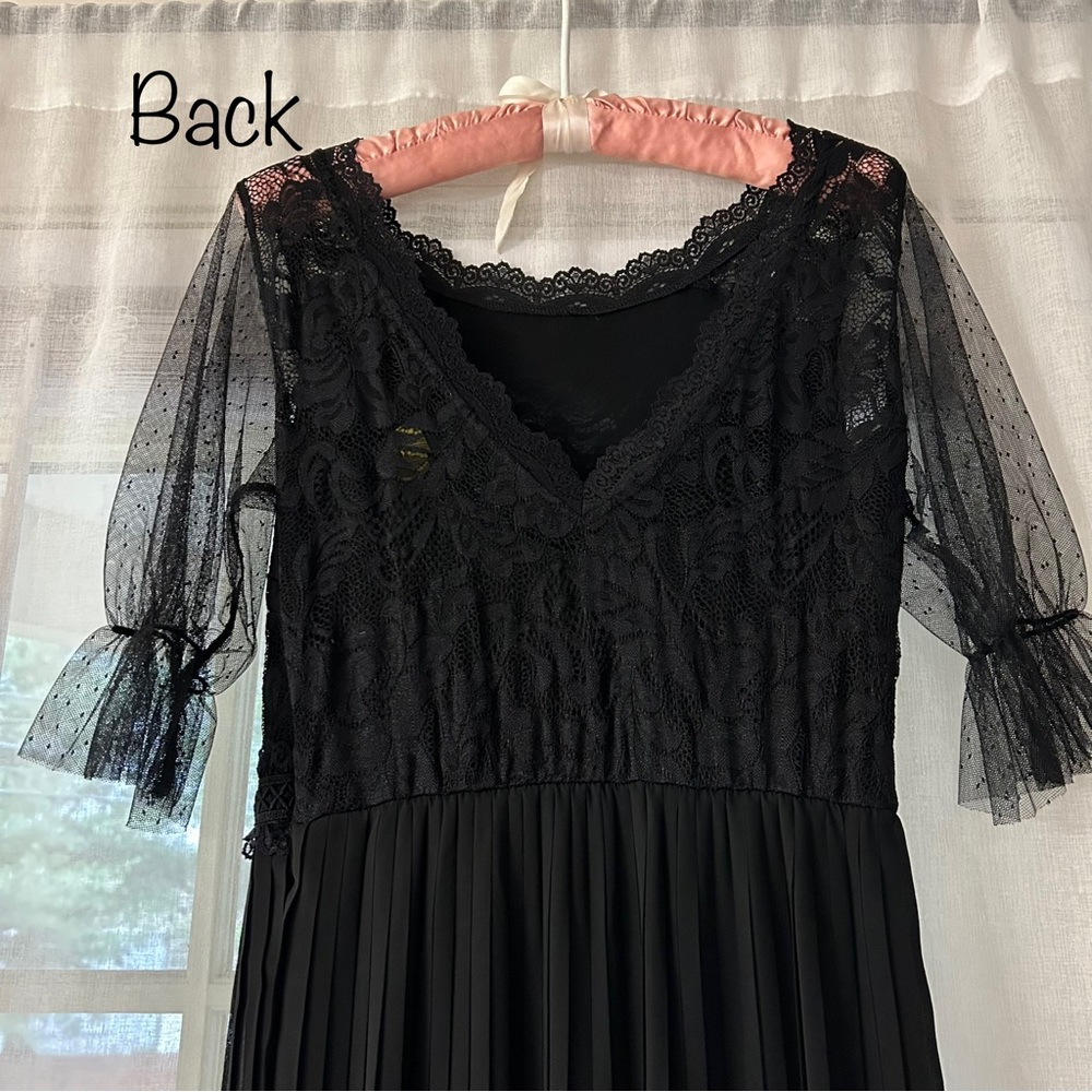 Pleated Lace Chiffon Formal Evening Casual Maxi A-Line black Dress - Picture 7 of 15